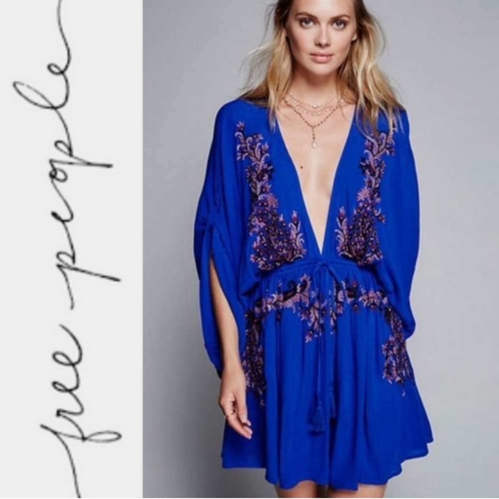 Free People Royal Blue Embroidered Floral Boho Mini Dress - Picture 3 of 13